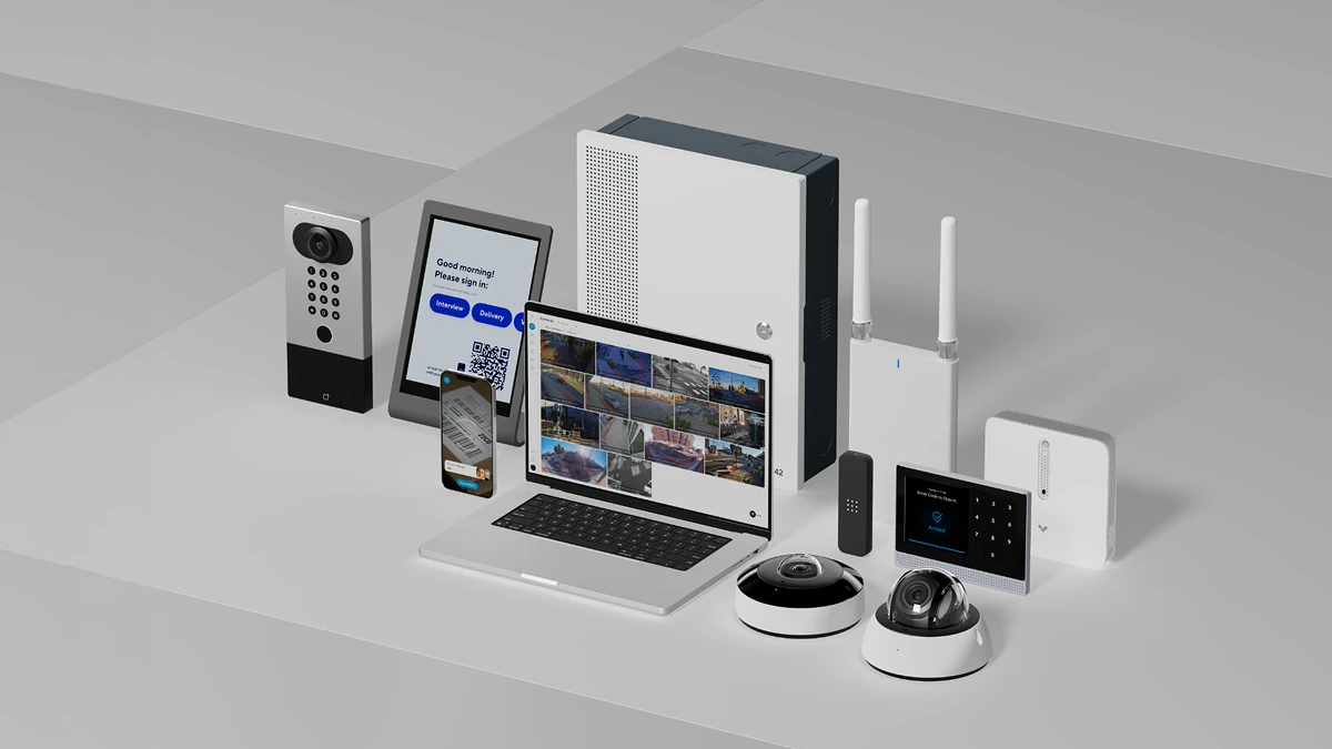 Verkada's cloud-based security range, showing dome cameras, an intercom reader, a viewing station, sensors and a laptop dashboard