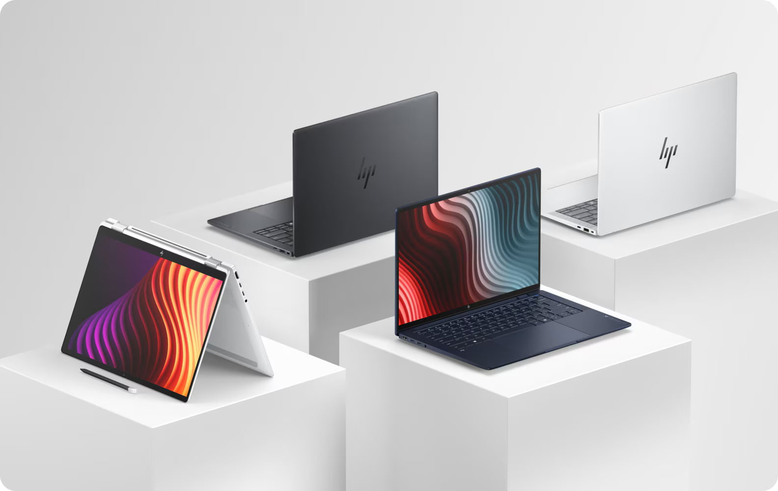 HPs AI PC's and tablet range on a white background.